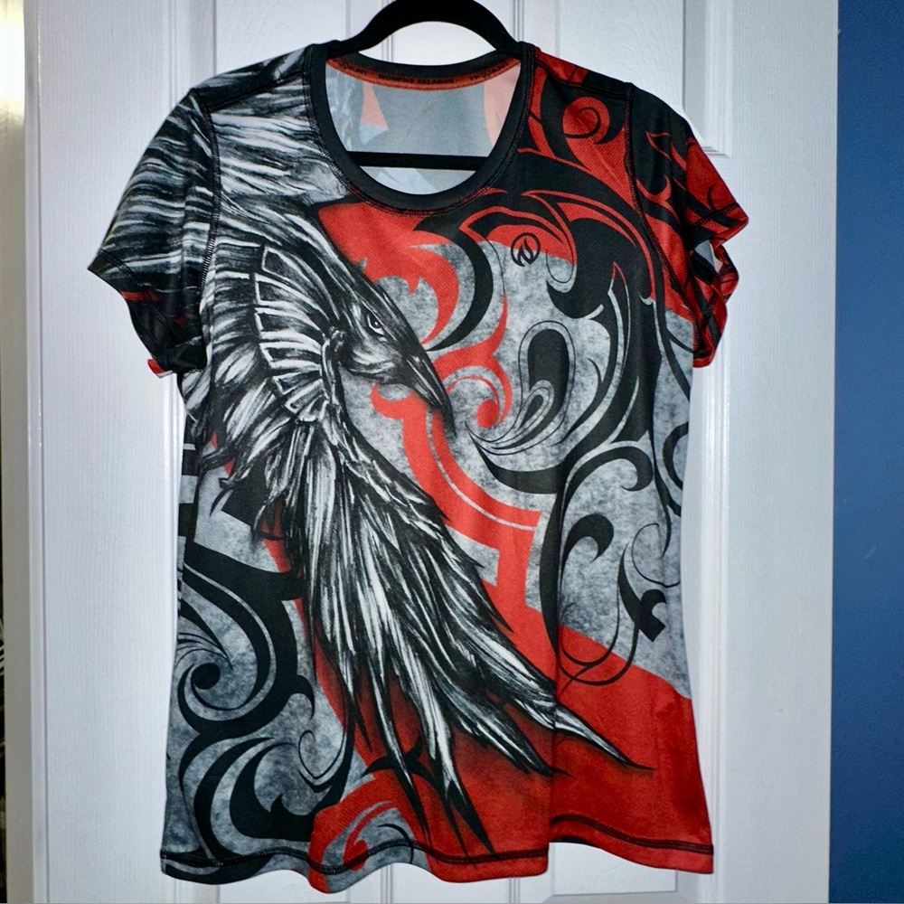 🔥InkNburn🔥 Women’s Size 2XL Running Shirt Red Black Raven Falcon Phoenix Wings